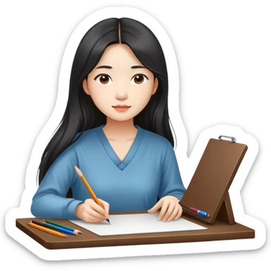 Asian woman in long hair drawing on drawing table  sticker