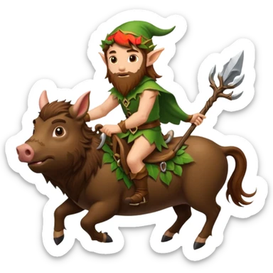 tiny forest elf man long brown hair beard riding boar sticker