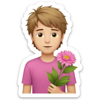 generate an ios genmoji of a 20 year old fair boy with brown long and messy hair with stubble on cheeks. carrying a pink flower bouquet, wearing a yellow tshirt, looking shy sticker