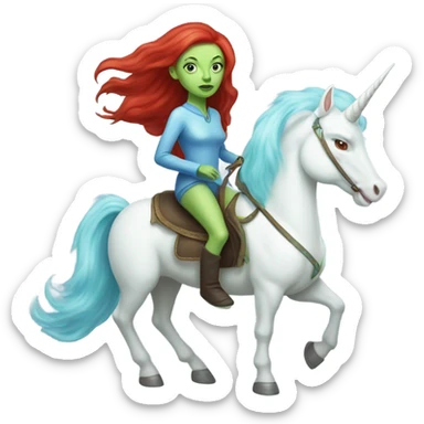 [
	{ woman: alien, color: light green, hair:red, eyes:blue} ]
	on a 
	[{ unicorn: white, legged:six, mane: light blue }] sticker