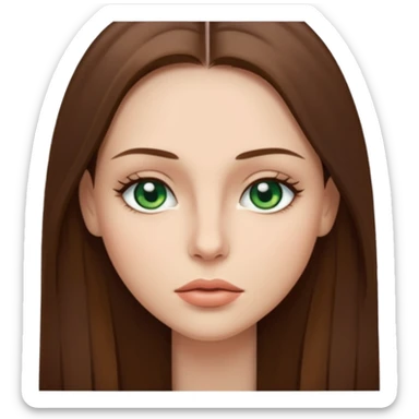 Female face emoji. Straight long brown hair, fair skin, green eyes, neutral expression, closed lips, minimal makeup sticker