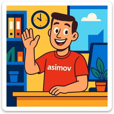an office worker in a red t-shirt labeled 'asimov', smiling and greeting, cartoon style, vibrant toon style sticker