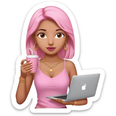 a pretty fair indian bratz girl with a pink cami top, drinking takeaway brown coffee, golden dainty necklace and carrying a white macbook sticker
