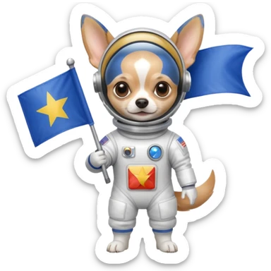 a chihuahua in space suit, holding blue rectangle flag, full body, front view sticker
