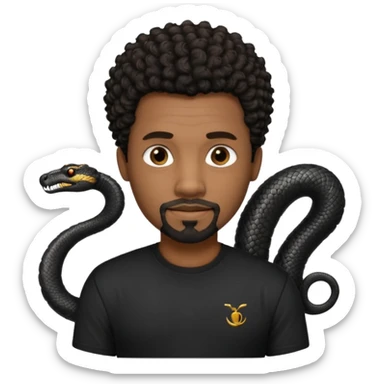 Homme noir de peau,  yeux marron avec un bouc pas de  moustache, cheveux noir court et bouclé crépus avec un dégradé sur le côté, avec un cobra à côté , t-shirt noir  sticker
