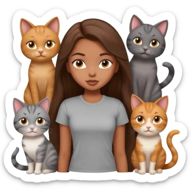 a pretty bratz dusky girl with long brown hair with six cats nd wearing a grey tshirt sticker