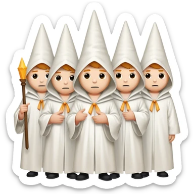 a group of people wearing all white robes, pointed dunce hoods sticker