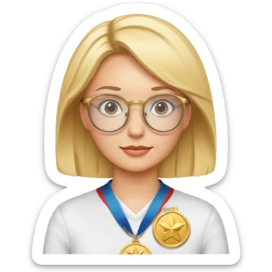 Describe a blonde woman wearing glasses with a gold medal sticker