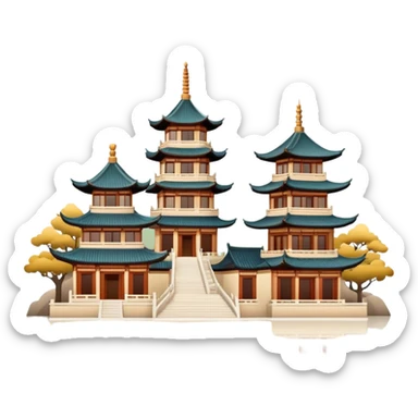 Traditional Chinese architecture with pagoda roofs, natural colors, balanced tones, classic emoji style sticker