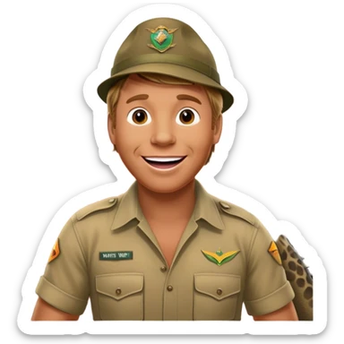 Cinematic Realistic Steve Irwin Portrait Emoji, depicted as a passionate wildlife expert in his signature khaki attire with an enthusiastic smile and a backdrop of the Australian outback, rendered with vibrant textures and dynamic natural lighting that captures his adventurous spirit. sticker