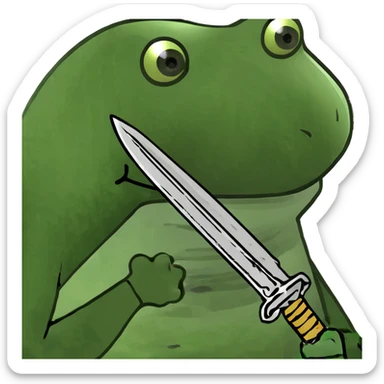 bed with a sword, green bufo frog meme style sticker