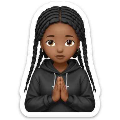 African American girl dark skin with long black box braids and plain black hoodie with prayer hands sticker
