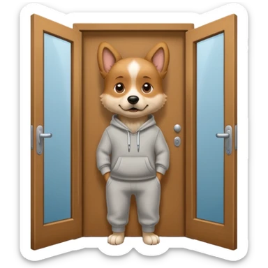 Dog in sweatpants looking out a door sticker