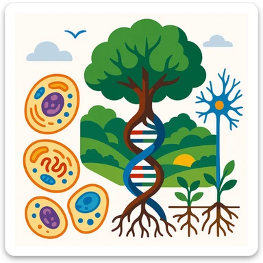 A realistic biological illustration (like in a school book) showing: DNA strands transitioning into a tree, cells with visible organelles, neurons connected to plant roots  and a balanced ecosystem background . Seamless integration, no labels or borders, complete white background (not off white!), detailed but minimalist.  sticker