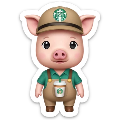 A CARTOONISH and cute Funko Pop-style Pig With A StarBucks worker Outfit and a cute visor on its head cartoonish and cute. Funko pop sticker