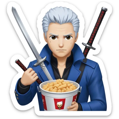 Vergil from Devil May Cry sitting in a KFC bucket, blue coat, white hair, katana sticker