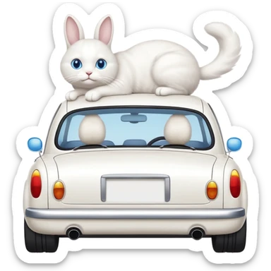 Please create a small emoji the size of 🚗 featuring a pure white cat with bunny tail (not ears) with blue eyes on a white saloon car viewed from side. Again it is necessary that the emoji must be extremely small, much smaller than a standard sized sticker. sticker