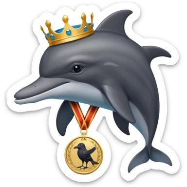 A delfin with e medal and a crow king sticker