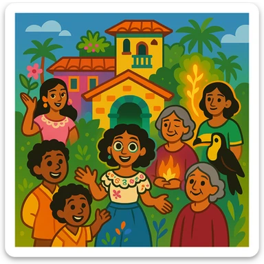 Edit the Encanto family image to remove Bruno, keep the rest of the family, animated style, bright colors, magical aura, no Bruno, keep magical house background. sticker