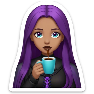 Gothic girl with cyan eyes and long smooth hairbrown. She is dressed in black and violet and drink a very good coffe with love.  sticker