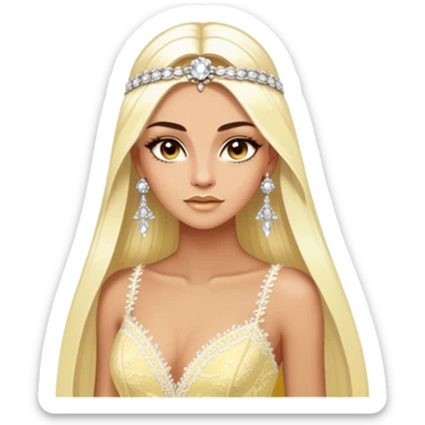 enchantress goddess with brown eyes and tanned skin and super long straight platinum blonde hair wearing a embellished light yellow and white lace gown and diamond chanel earrings sticker