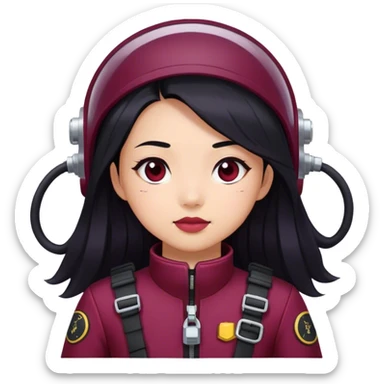 Asian girl with long black hair and black eyes in a burgundy diver guess sticker