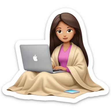 Barbie girl with a long straight dark brown hair inside a pale beige blanket working macbook  sticker