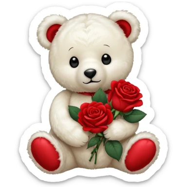 white teddy bear holding roses  sticker