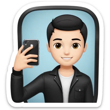 generate a pretty bratz fair skinned boy with short black hair taking a mirror selfie sticker