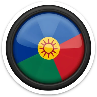 Romani flag with blue and green horizontal stripes and a red spoked wheel in the center sticker