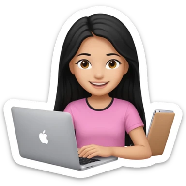girl with black long hair working in a macbook, pink shirt, smily sticker