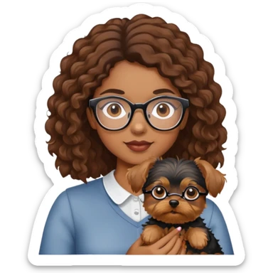 Young woman with brown curls and eyeglasses holding a small yorkie dog sticker