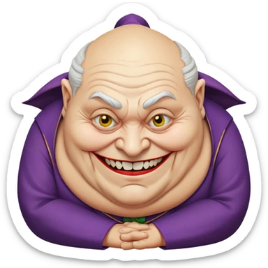 fat old temple priest with a creepy look, closed trouble-making smile, bent over like the Joker sticker