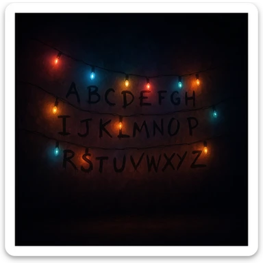 A Christmas light alphabet wall, glowing in the dark, inspired by Stranger Things, magical and mysterious ambiance sticker