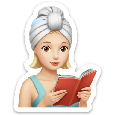 mujer en la peluquería con toalla en la cabeza y leyendo una revista, estilo vintage sticker