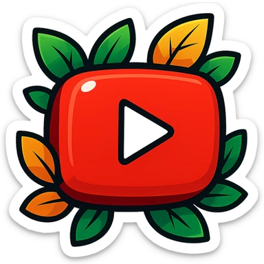 Chunky, soft, and glossy YouTube logo, vibrant toon style, bold outline, strong graphic shadows, bright highlights, decorated with colorful leaves, no background. Extra attention to contours and shine, in the style of the reference image, but even more rounded and flat. sticker