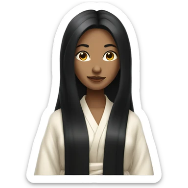 Beautiful slender woman with long black hair stands in a robe sticker