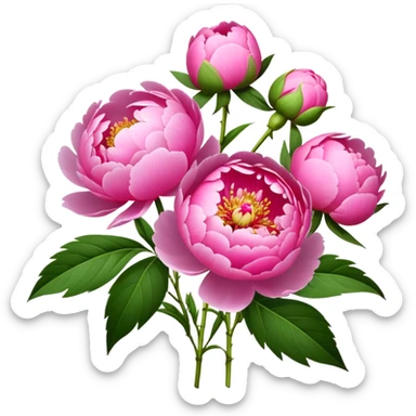 bouquet pink Peony, luxuriant, stem, leaf, bud sticker