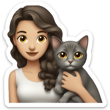 pretty wavy brunette woman with brown eyes holding grey cat sticker