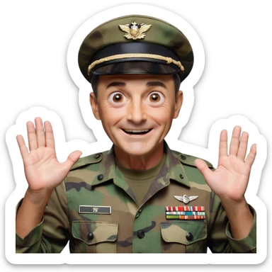 Солдату должно быть 50 лет. Настроение фотографии неимоверно серьёзное. Крупный план солдата в камуфляжной форме и фуражке с широко открытыми от удивления или страха глазами и слегка приоткрытым ртом. Выражение его лица передает небольшой ужас. Его руки находятся перед ним, словно он что-то только что держал. На заднем плане, слегка размыто, виден мужчина средних лет в темном деловом костюме, светлой рубашке и темном галстуке. Он смотрит на солдата с широкой, самодовольной улыбкой, которая может интерпретироваться как злорадная или контролирующая. Солдат находится под сильным гипнозом. Фон ровный, светлый. sticker