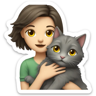 A brunette girl with green eyes and fair skin hugs a gray fluffy cat with yellow eyes sticker