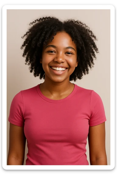 A cheerful black girl, curly black hair, pink tightfitting top, modern style, plain background. sticker