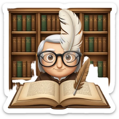 An icon featuring an open book with classic text, a feather quill, and reading glasses, symbolizing literary studies. The design includes old library shelves and vintage manuscripts in the background. Transparent background emphasizes the deep analysis of written works and literary history. sticker