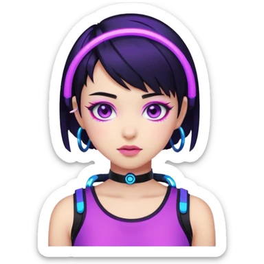 Emoji estilo anime cyberpunk: garota com cabelo curto preto, olhos roxos expressivos, expressão confiante, argolas grandes, pele iluminada por neon azul e rosa, visual moderno e vibrante, cores fortes e estilo futurista simplificado. sticker