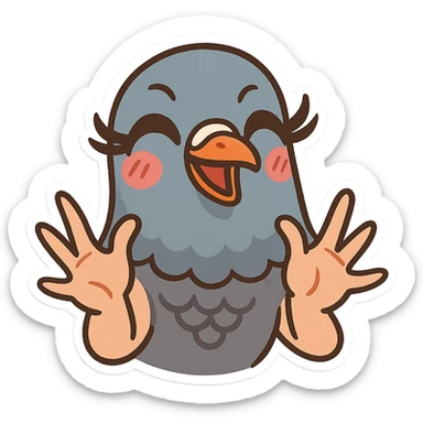 pigeon head, exaggerated eyelashes, hands making a 'yasss' motion, energetic and bold, cartoon style sticker