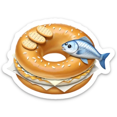 Bagel with cream cheese, a fish and crackers sticker