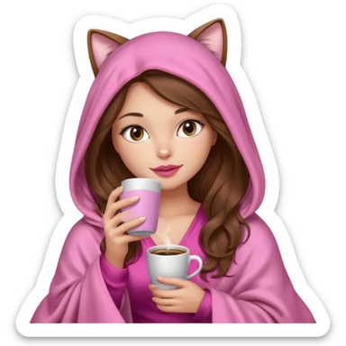 girl with long wavy brown hair, brown eyes, long lashes makeup, sexy pink lips, light to medium complexion, wearing a pink sexy silk top, big blanket over the head cozy holding a cat,  drinking coffee sticker