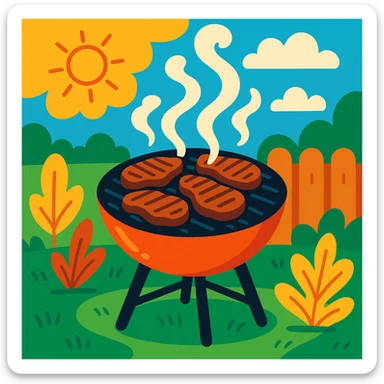 a grill with carne (meat) cooking, smoke rising, outdoor setting, vibrant colors sticker