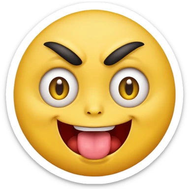 A yellow round face emoji smirking with its tounge out but the eyes are evil and kind of crazy and only one eyebrow is raised higher than the other sticker