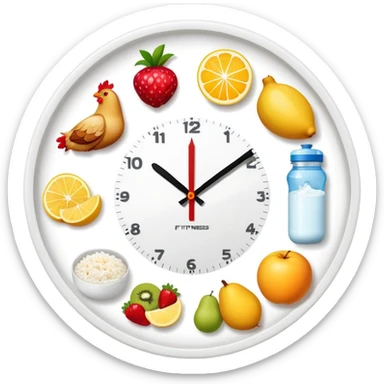 Daily fitness nutrition schedule with water bottle, sun, chicken and rice plate, gym equipment, yogurt, fruit, and sleep symbol arranged in a circle like a clock sticker